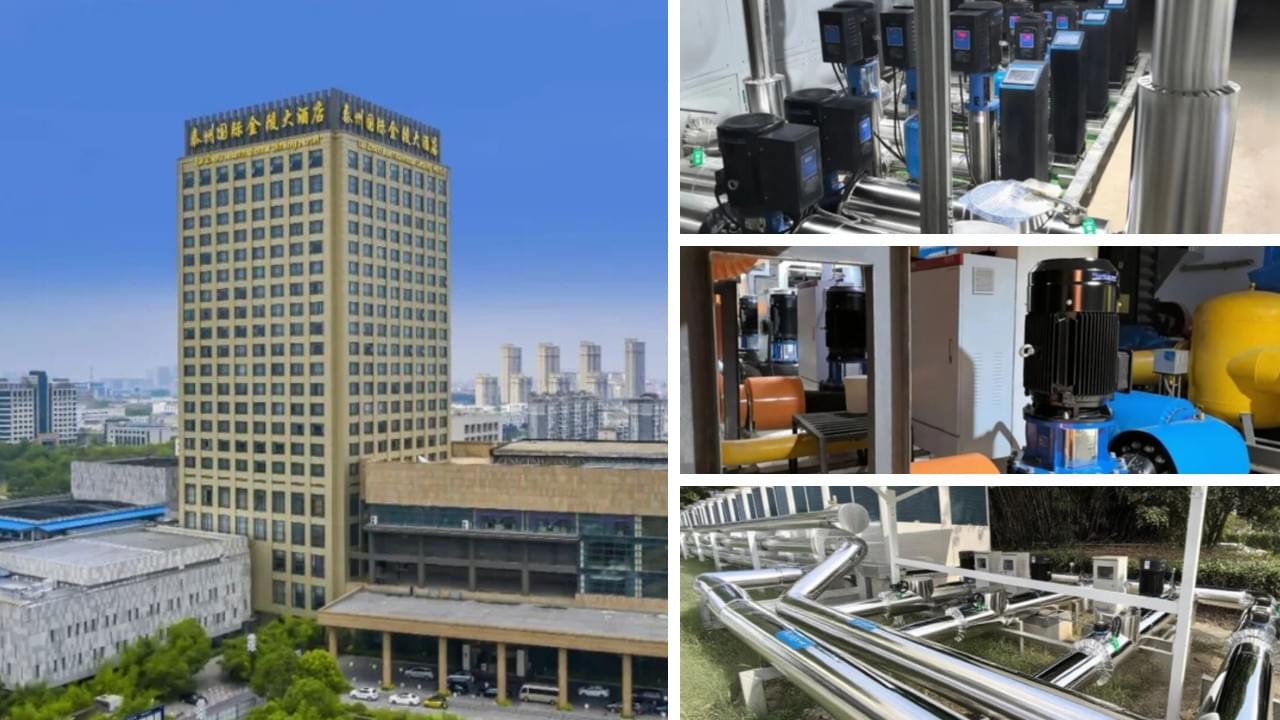 This hotel water pump energy retrofit project achieved 30% savings at Taizhou Jinling Hotel — 280,000 kWh saved, 220 tons CO2 cut annually with PM pumps.